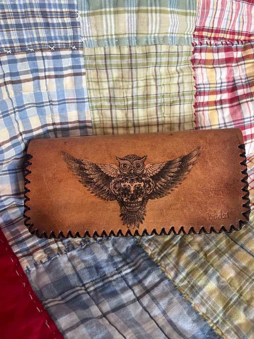 By Bodzi Handcrafted Brown Leather Clutch Wallet Owl Skull Rose